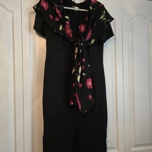 VTG  Jaclyn Hart Black  Button Down Maxi Straight Dress w Floral Scarf  Size 12